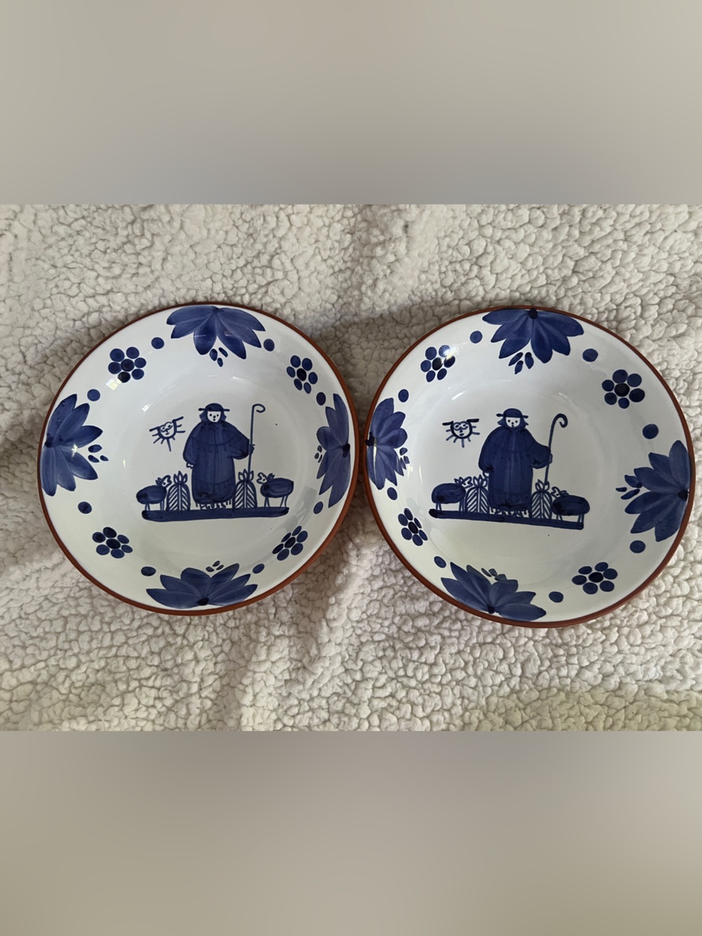 2, Vintage Large Blue & White Shepherd Sto Onofre Portugal Terracotta bowls